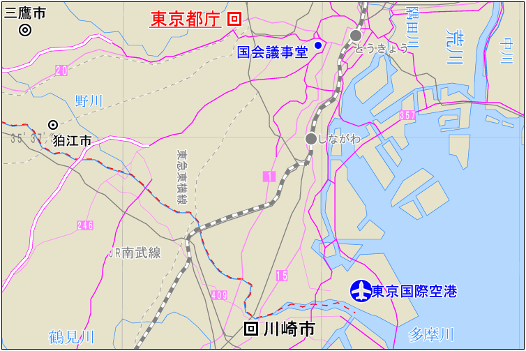 日本行政図と交通図を合成した東京付近の地図